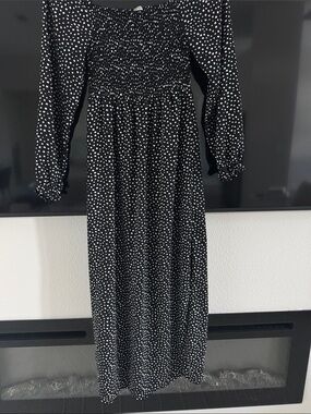 stradivarius Black and White Polka Dot Smocked Maxi Dress